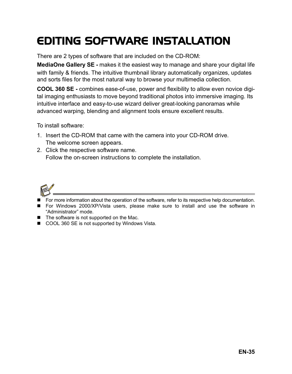 35 editing software, Installation, Editing software installation | Sanyo Xacti Vpc-S880 User Manual | Page 36 / 42