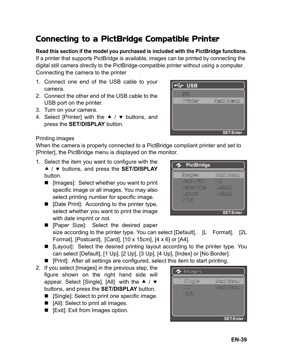 39 connecting to a pictbridge, Compatible printer, Connecting to a pictbridge compatible printer | Sanyo Xacti Vpc-S880 User Manual | Page 40 / 42