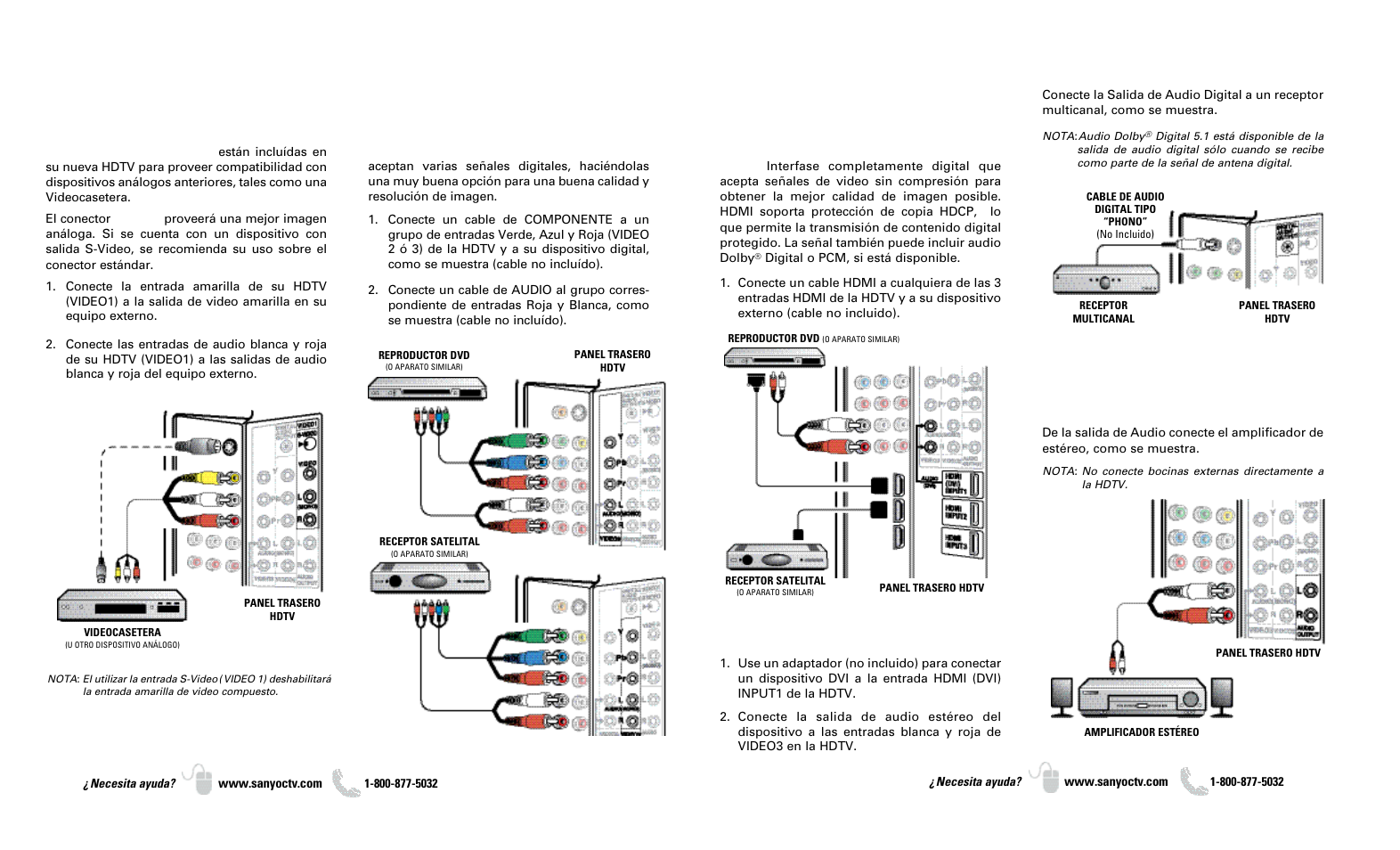 Conexiones av: compuestas y componente, Conexiones av: hdmi / dvi y salidas de audio | Sanyo DP37649 User Manual | Page 12 / 17