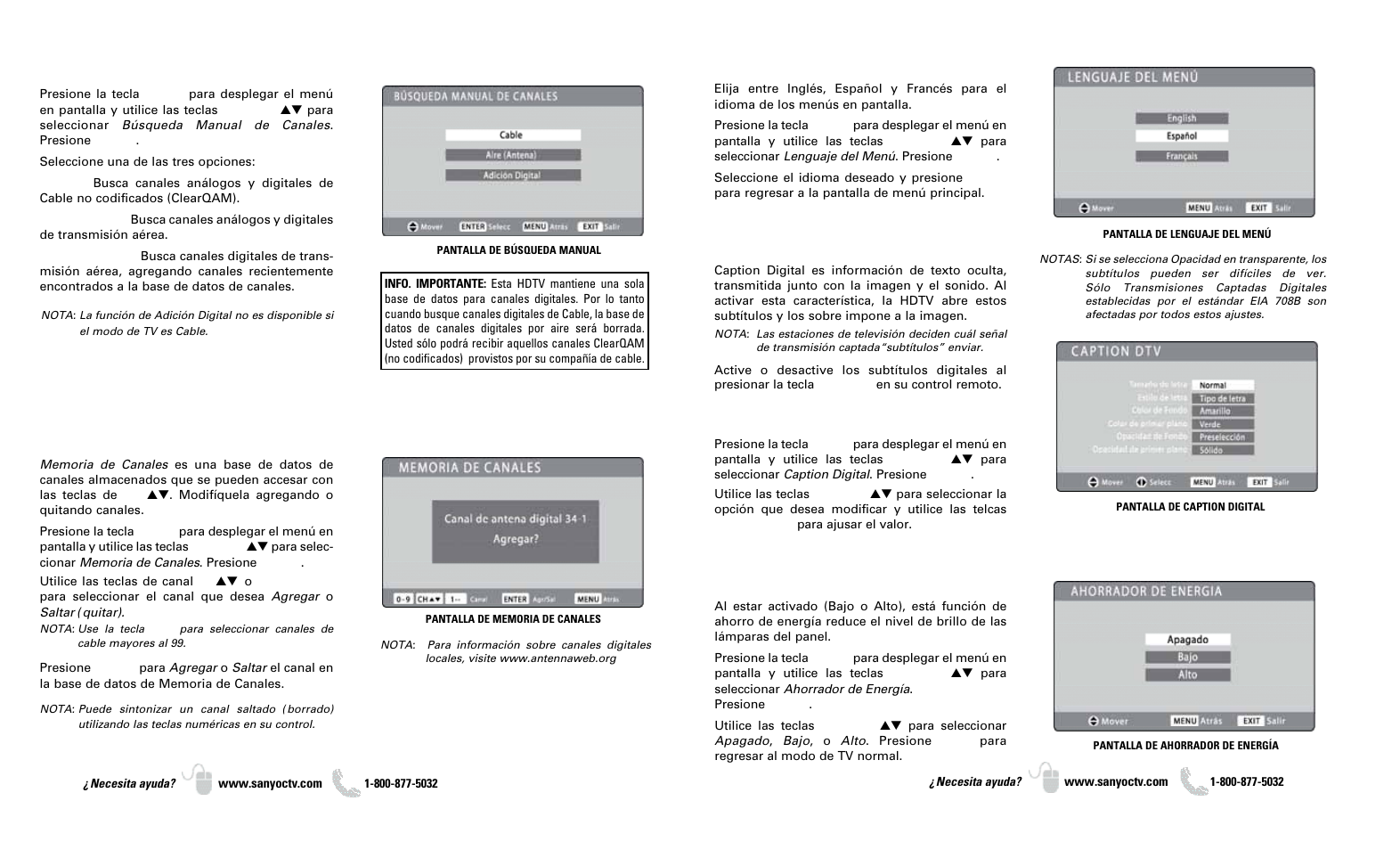 Operación del menú en pantalla, Búsqueda manual de canales, Lenguaje del menú | Caption digital, Ahorrador de energía | Sanyo DP37649 User Manual | Page 14 / 17