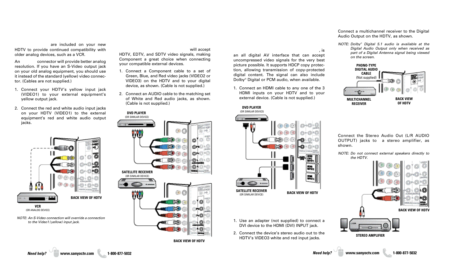 A/v connections: composite and component, A/v connections: hdmi / dvi and audio outputs | Sanyo DP37649 User Manual | Page 5 / 17