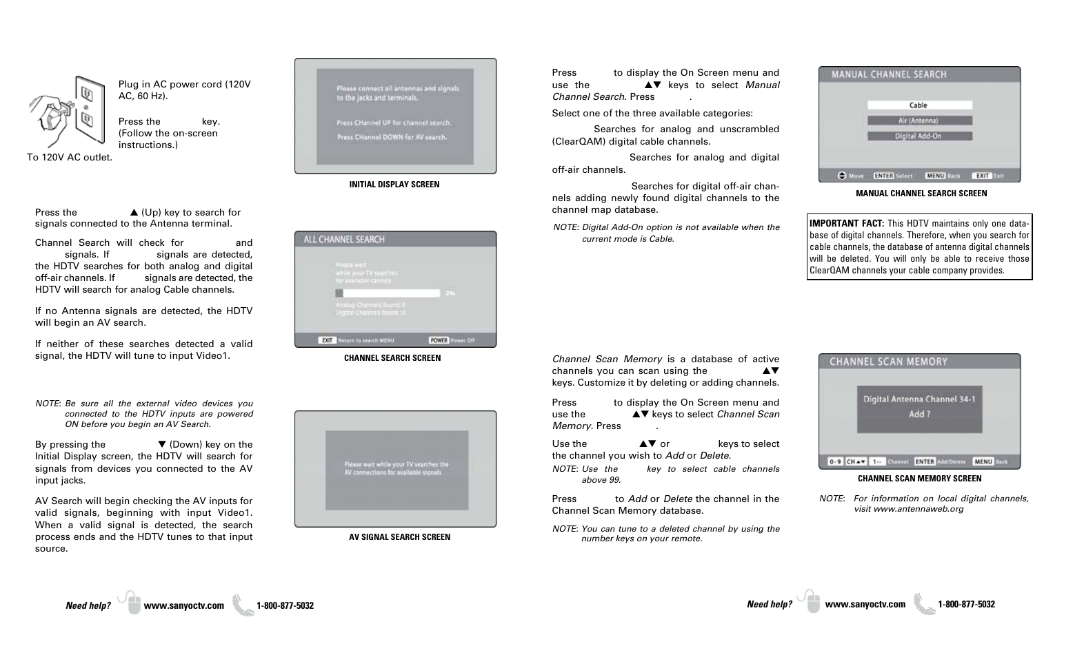 On-screen menu operation, Getting started— initial channel search, Manual channel search | Initial channel search, Av search, First power on) power connection | Sanyo DP37649 User Manual | Page 6 / 17
