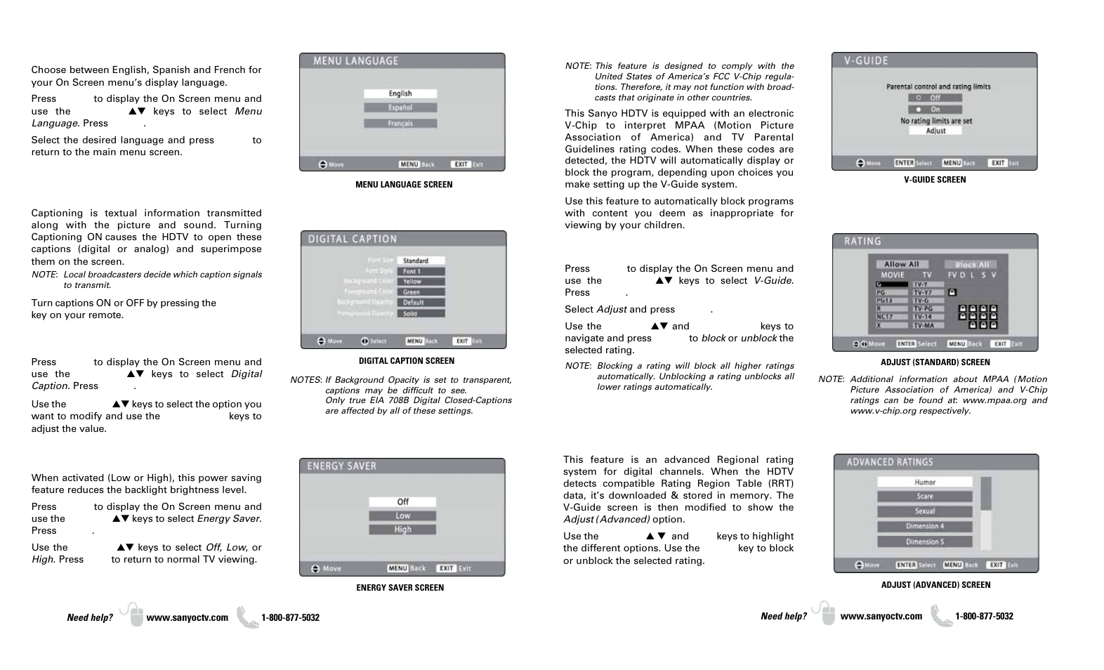 On-screen menu operation, V – guide, Menu language | Digital caption, Energy saver | Sanyo DP37649 User Manual | Page 7 / 17
