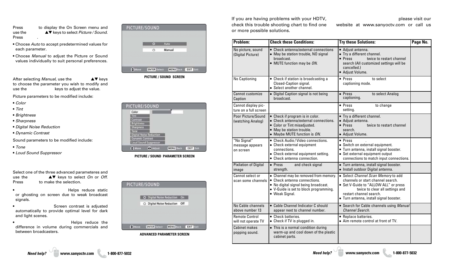 On-screen menu operation, Picture / sound, Helpful hints—problems/solutions | Sanyo DP37649 User Manual | Page 8 / 17