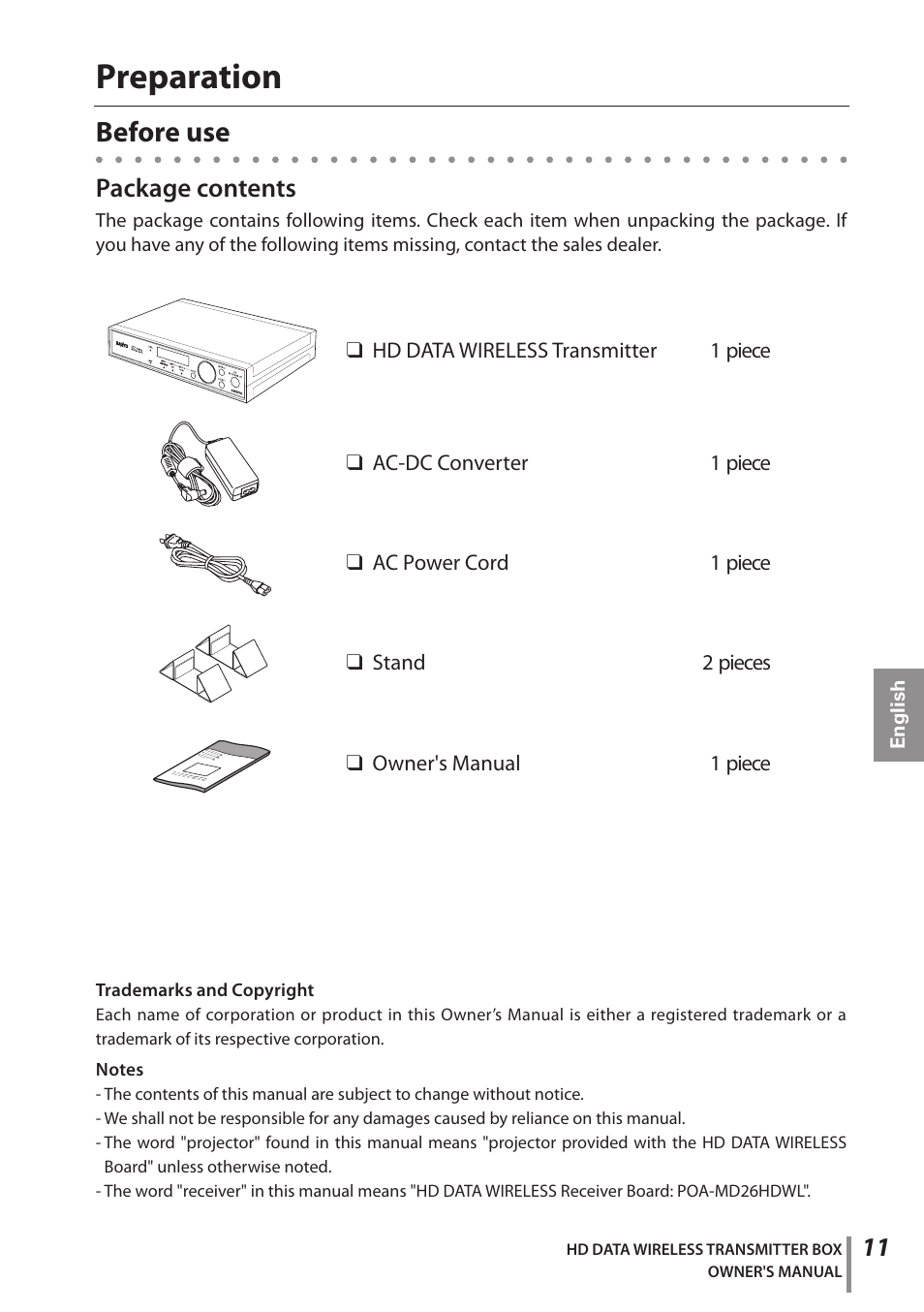 Preparation, Before use, Package contents | Sanyo POA-HDTM01 User Manual | Page 11 / 40