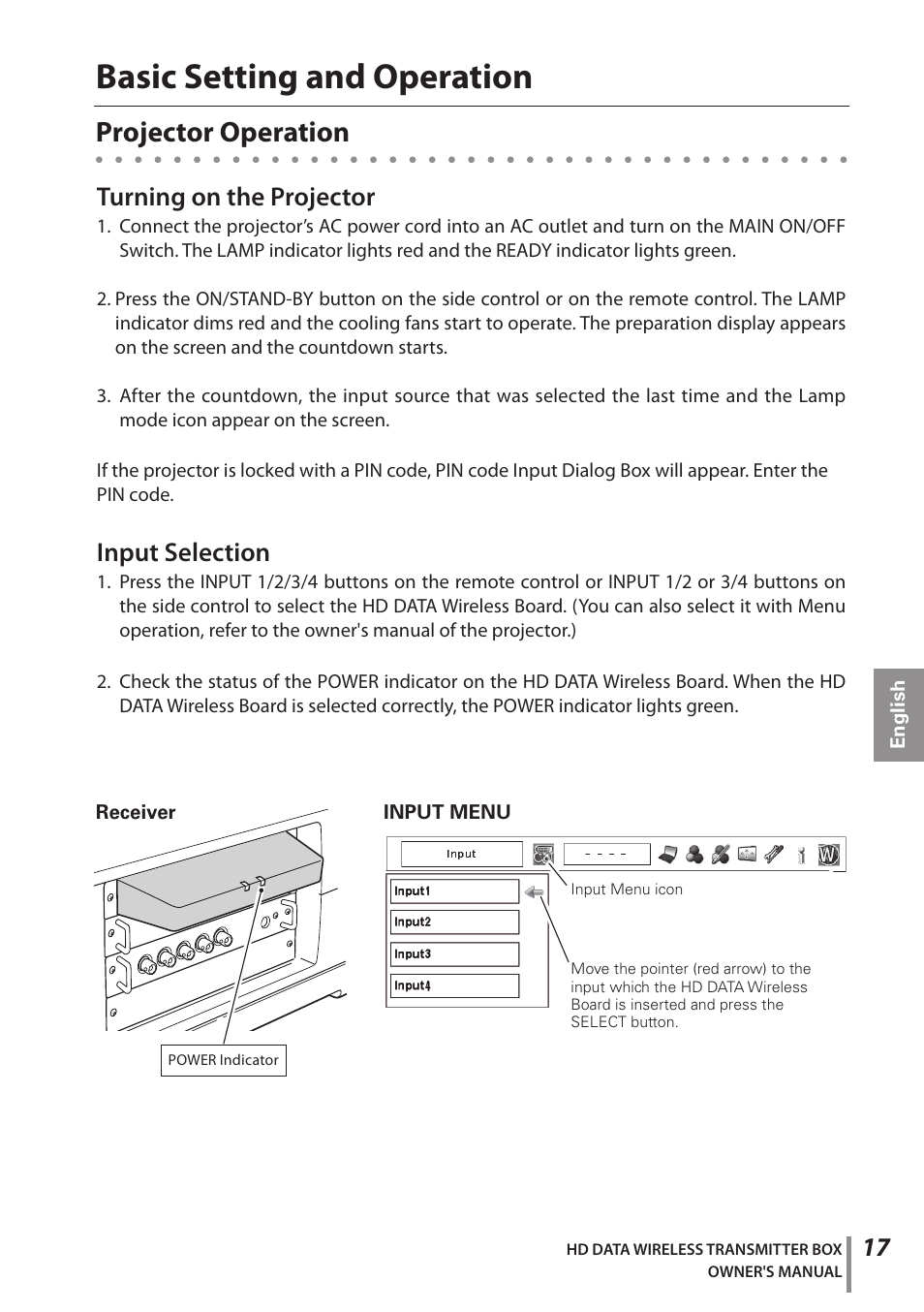 Basic setting and operation, Projector operation, Turning on the projector | Input selection | Sanyo POA-HDTM01 User Manual | Page 17 / 40