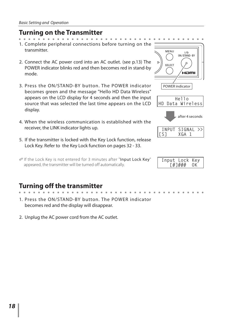 Turning on the transmitter, Turning off the transmitter | Sanyo POA-HDTM01 User Manual | Page 18 / 40