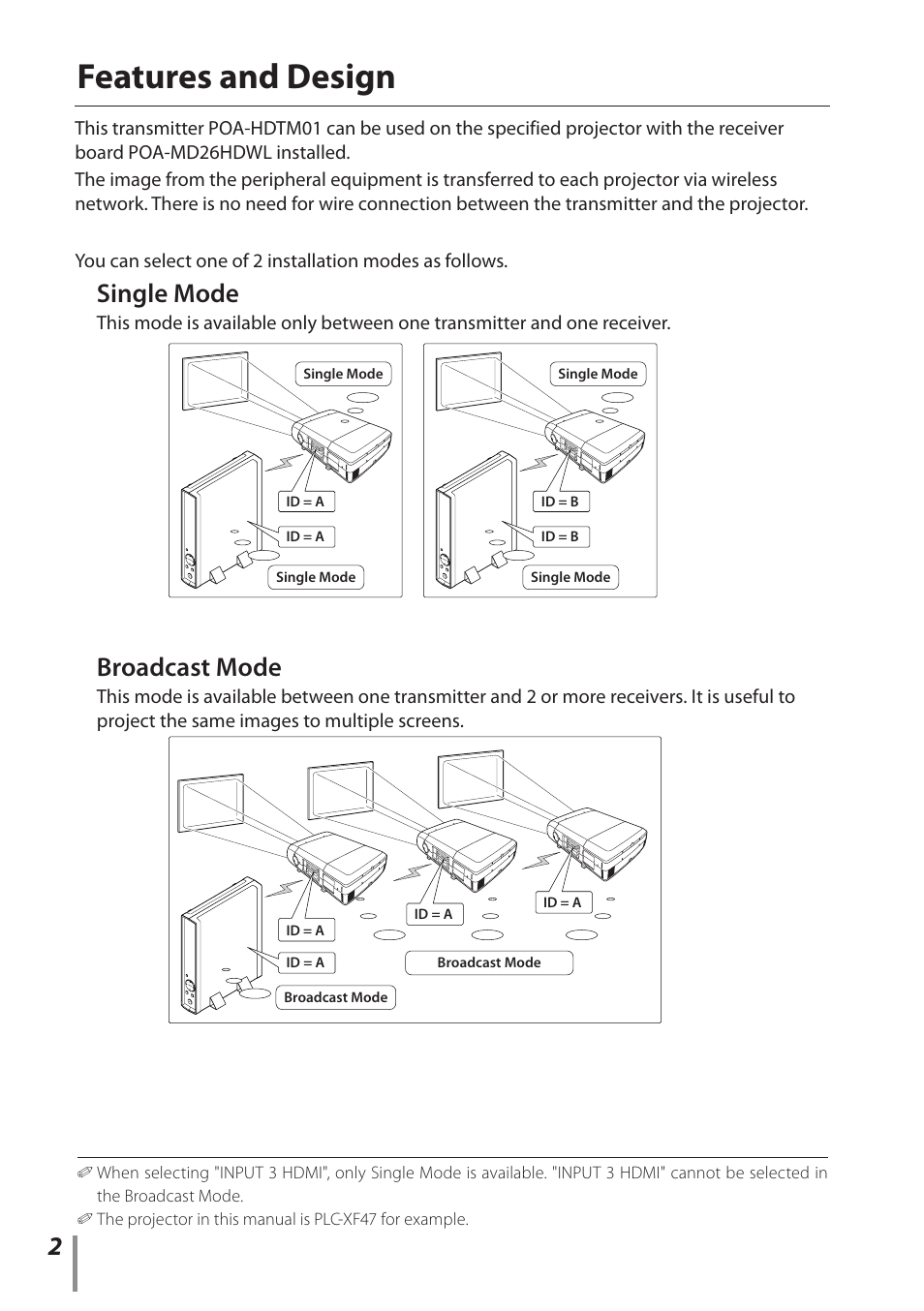 Features and design, Single mode, Broadcast mode | Sanyo POA-HDTM01 User Manual | Page 2 / 40