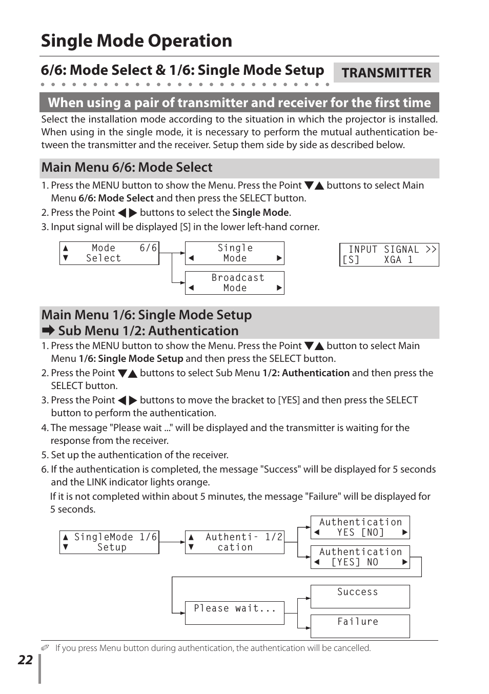 Single mode operation, 6/6: mode select & 1/6: single mode setup, Main menu 6/6: mode select | Transmitter | Sanyo POA-HDTM01 User Manual | Page 22 / 40