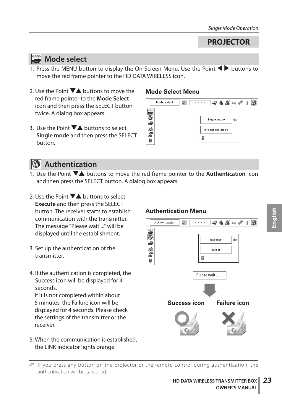 Mode select, Authentication, Projector | Sanyo POA-HDTM01 User Manual | Page 23 / 40