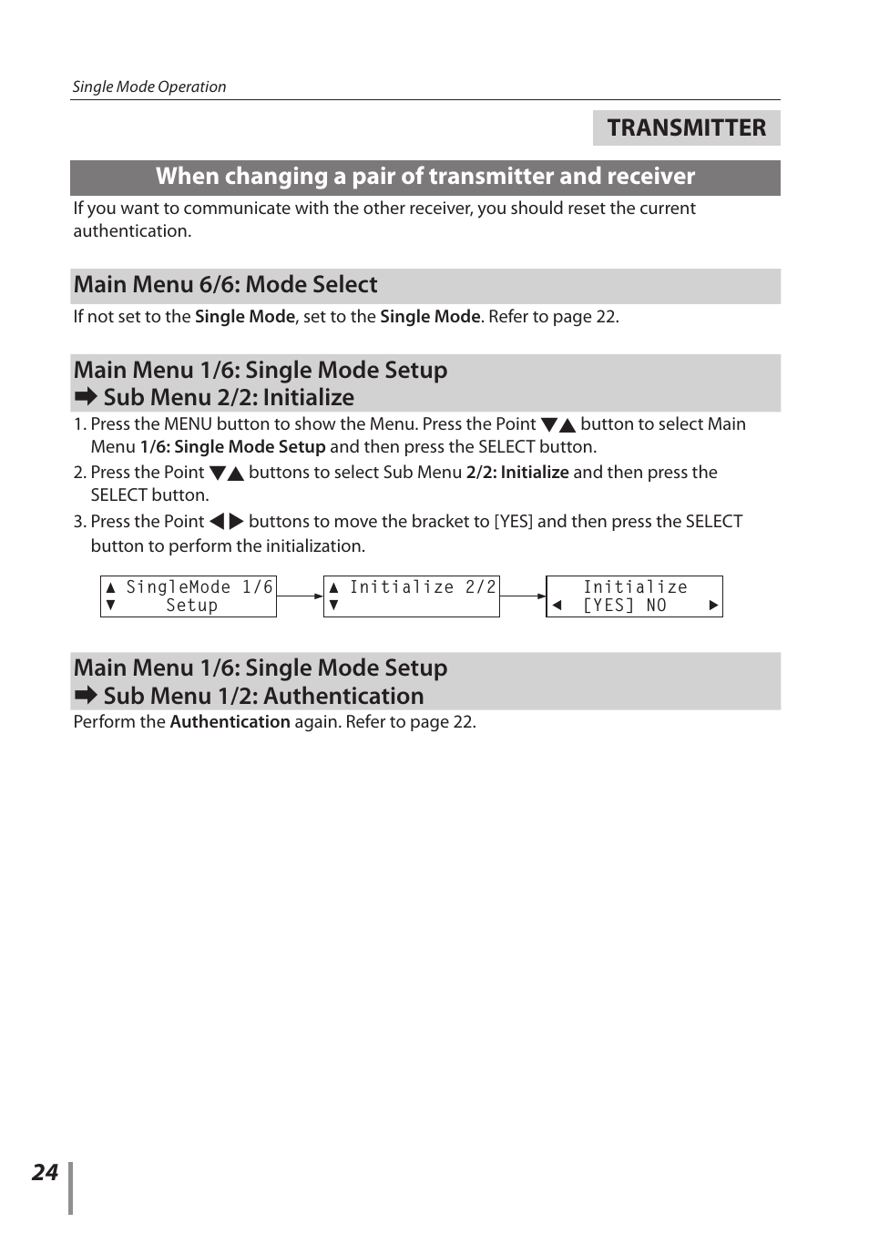 Transmitter, When changing a pair of transmitter and receiver, Main menu 6/6: mode select | Sanyo POA-HDTM01 User Manual | Page 24 / 40