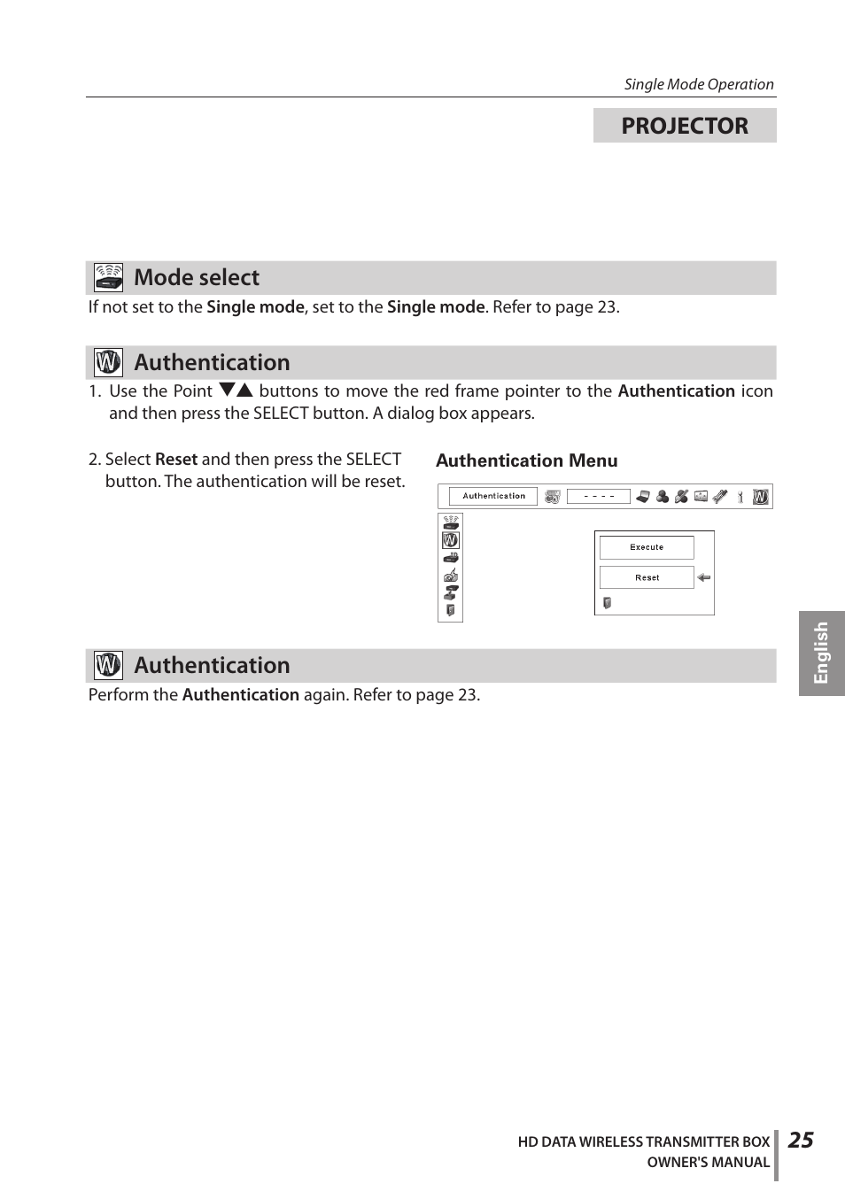 Mode select, Authentication, Projector | Sanyo POA-HDTM01 User Manual | Page 25 / 40