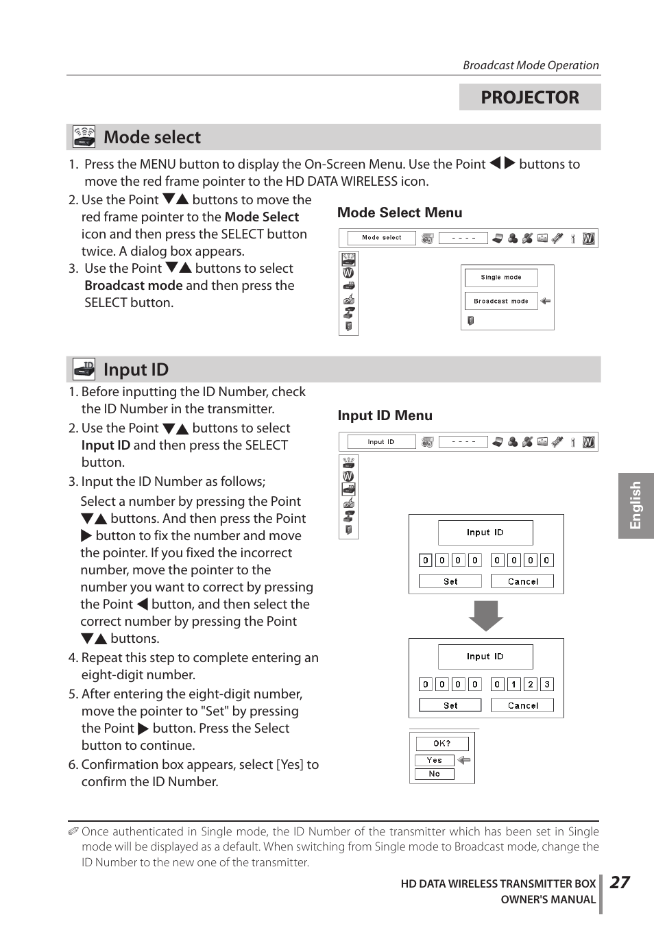 Mode select, Input id, Projector | Sanyo POA-HDTM01 User Manual | Page 27 / 40