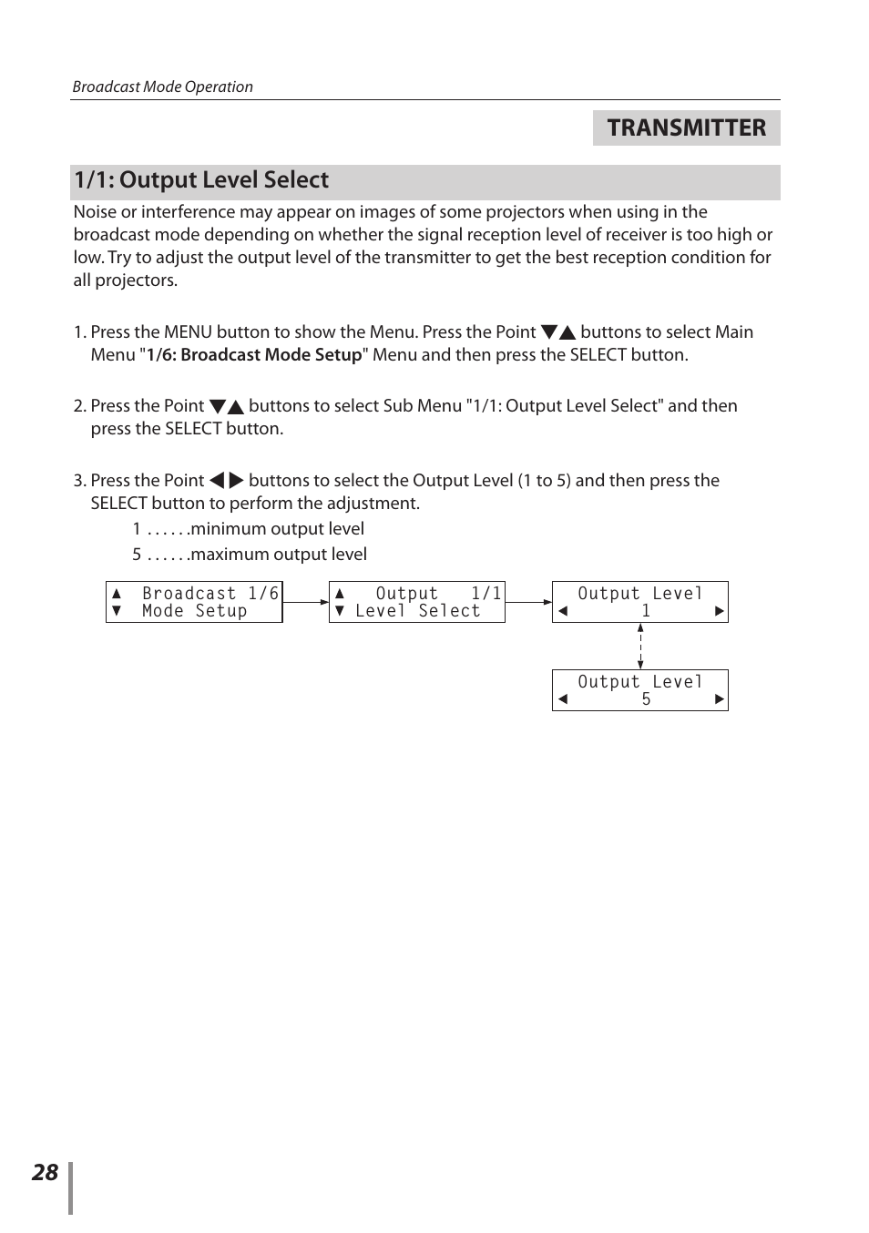 1/1: output level select, Transmitter | Sanyo POA-HDTM01 User Manual | Page 28 / 40