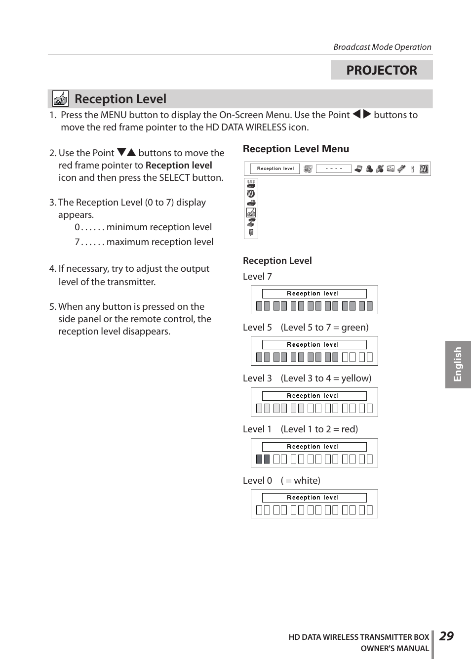 Reception level, Projector | Sanyo POA-HDTM01 User Manual | Page 29 / 40