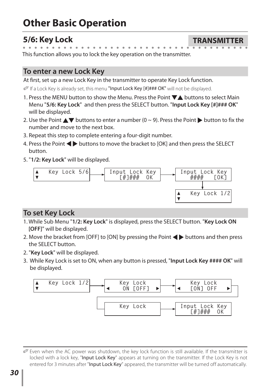 Other basic operation, 5/6: key lock, Transmitter | Sanyo POA-HDTM01 User Manual | Page 30 / 40