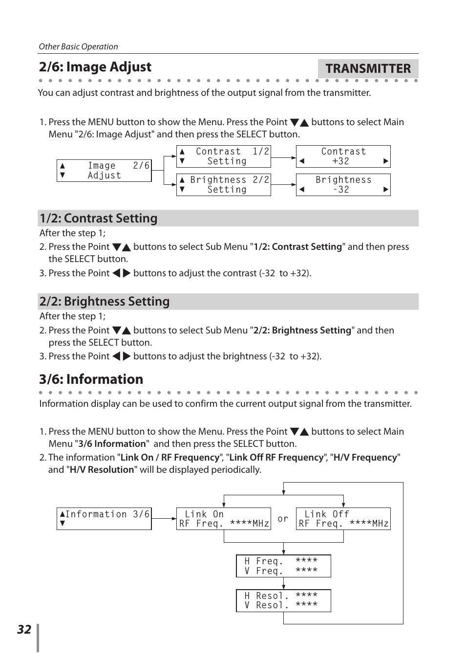 2/6: image adjust, 3/6: information, 1/2: contrast setting | 2/2: brightness setting, Transmitter | Sanyo POA-HDTM01 User Manual | Page 32 / 40