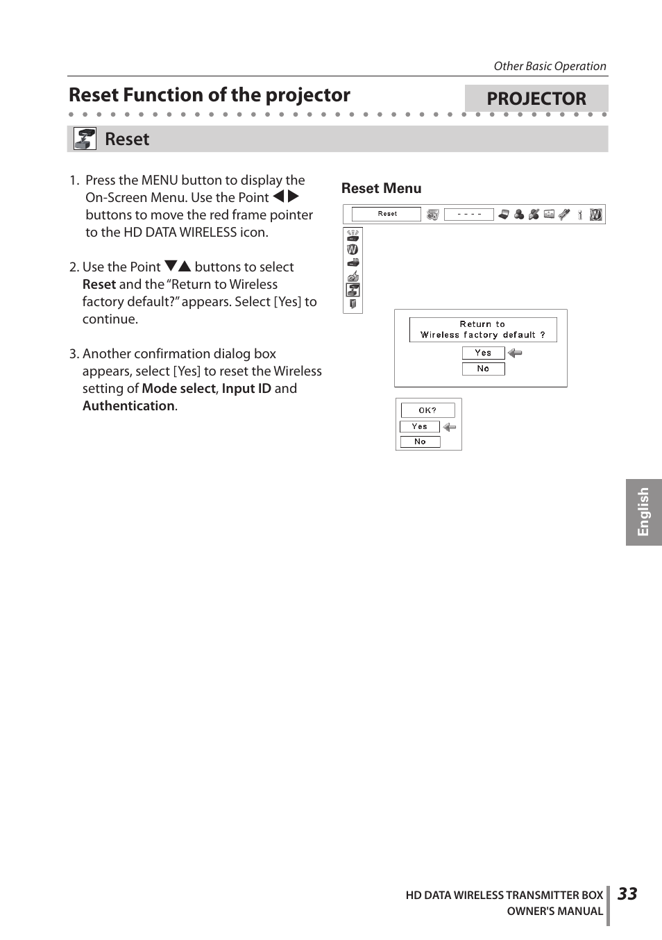 Reset function of the projector, Reset, Projector | Sanyo POA-HDTM01 User Manual | Page 33 / 40