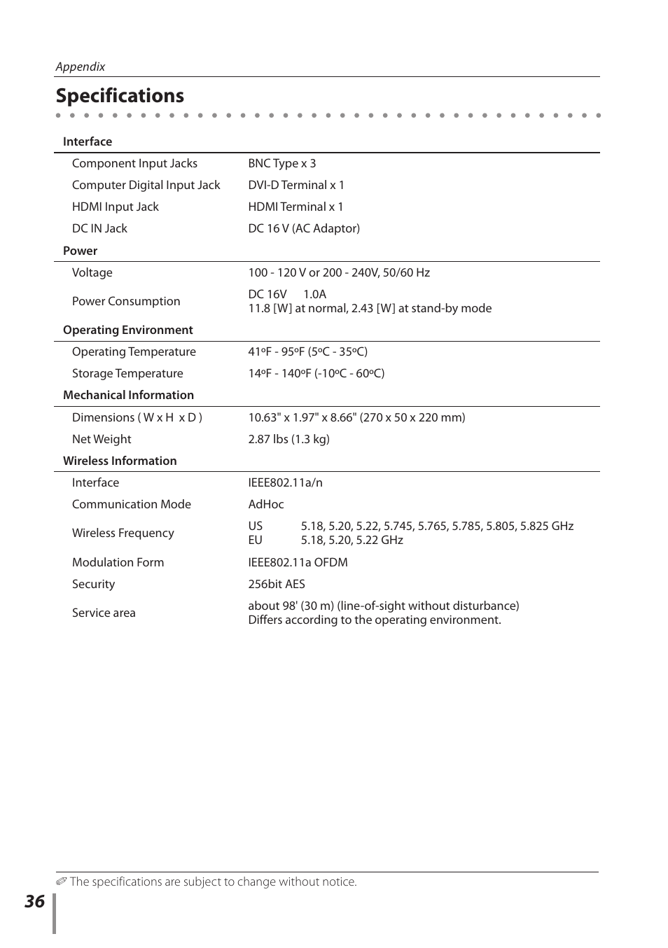 Specifications | Sanyo POA-HDTM01 User Manual | Page 36 / 40