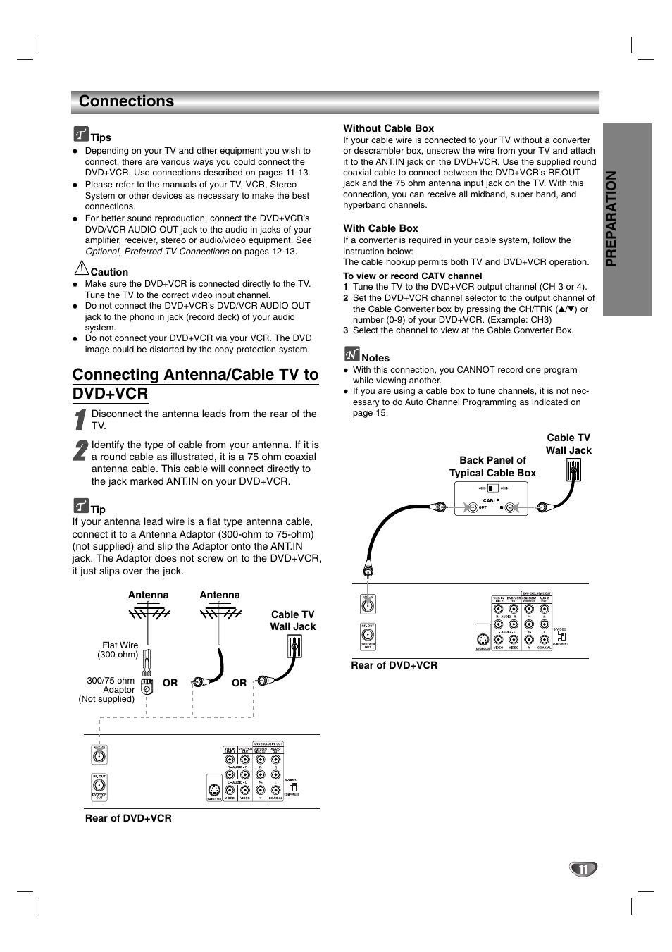 Connections, Connecting antenna/cable tv to dvd+vcr | Sanyo DVC-2600 User Manual | Page 11 / 36