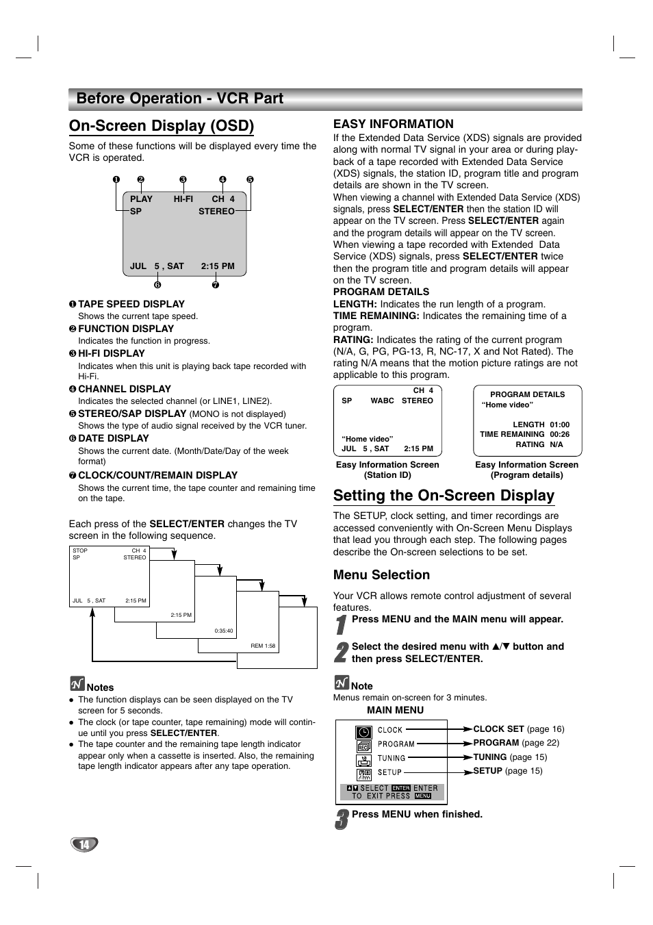On-screen display (osd), Setting the on-screen display, Before operation - vcr part | Menu selection | Sanyo DVC-2600 User Manual | Page 14 / 36