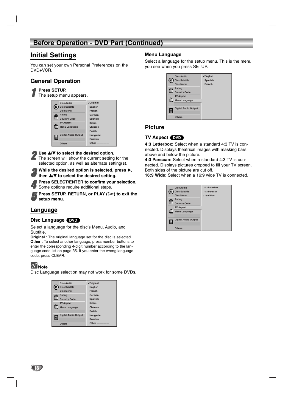 General operation, Language, Picture | Disc language, Menu language, Tv aspect | Sanyo DVC-2600 User Manual | Page 18 / 36