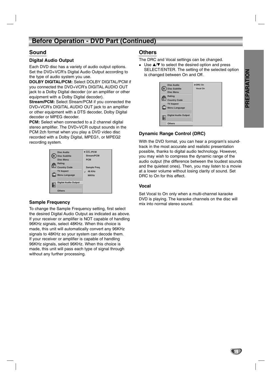 Before operation - dvd part (continued), Prep ara tion, Sound | Others, Digital audio output, Sample frequency, Dynamic range control (drc), Vocal | Sanyo DVC-2600 User Manual | Page 19 / 36