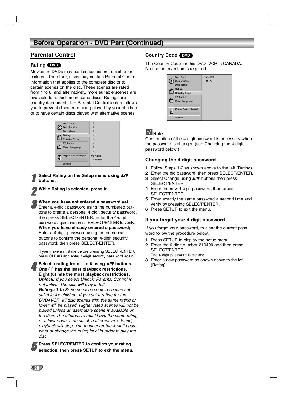 Before operation - dvd part (continued), Parental control | Sanyo DVC-2600 User Manual | Page 20 / 36