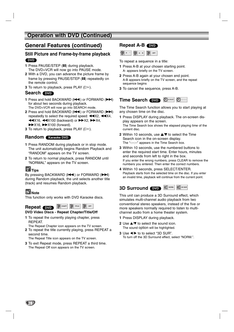 Still picture and frame-by-frame playback, Search, Random | Repeat, Repeat a-b, Time search, 3d surround | Sanyo DVC-2600 User Manual | Page 28 / 36