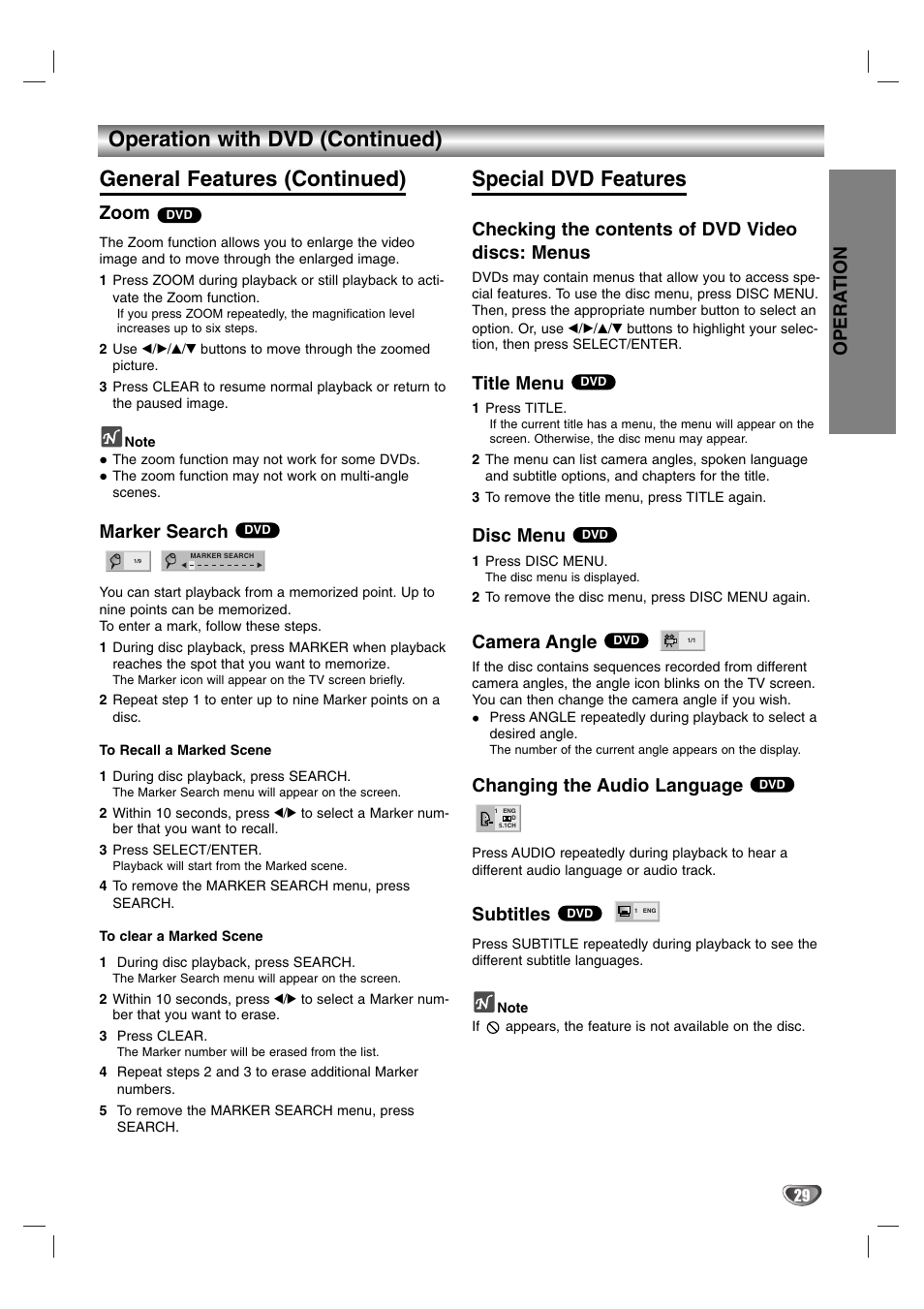 Special dvd features, Opera tion, Zoom | Marker search, Checking the contents of dvd video discs: menus, Title menu, Disc menu, Camera angle, Changing the audio language, Subtitles | Sanyo DVC-2600 User Manual | Page 29 / 36