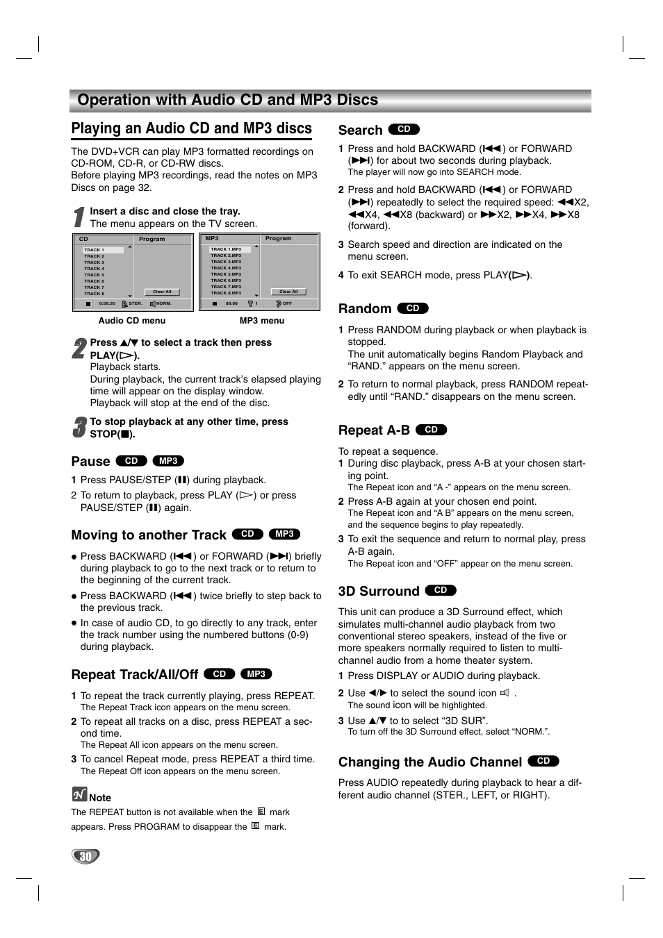 Playing an audio cd and mp3 discs, Operation with audio cd and mp3 discs, Pause | Moving to another track, Repeat track/all/off, Search, Random, Repeat a-b, 3d surround, Changing the audio channel | Sanyo DVC-2600 User Manual | Page 30 / 36