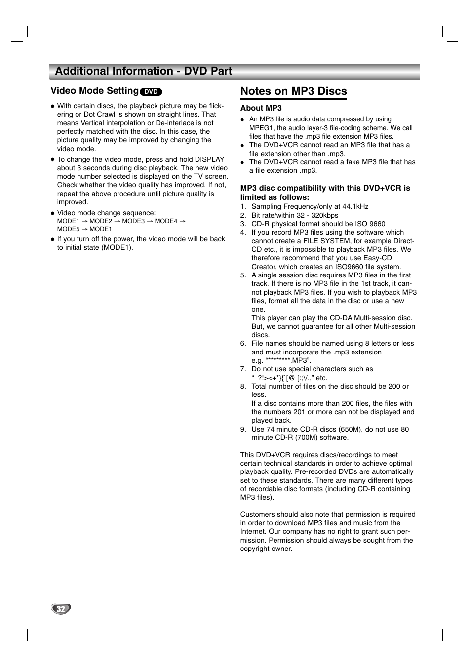 Additional information - dvd part, Video mode setting | Sanyo DVC-2600 User Manual | Page 32 / 36