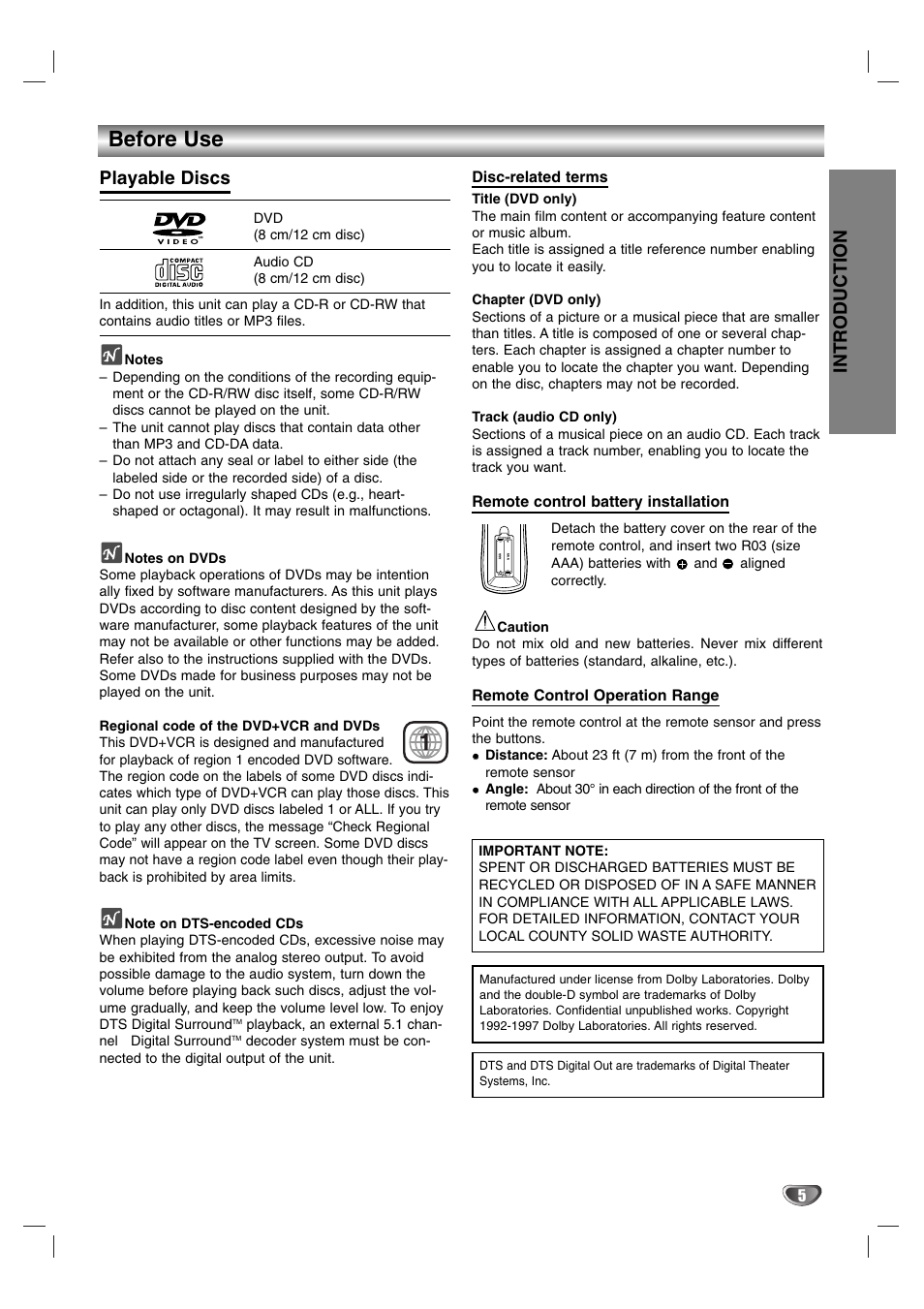 Before use, Introduction, Playable discs | Sanyo DVC-2600 User Manual | Page 5 / 36