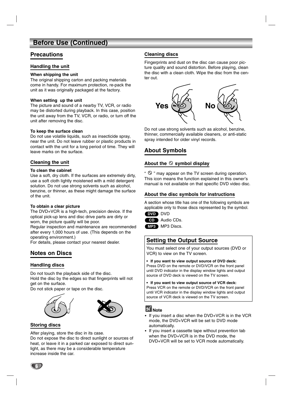No yes, Before use (continued), Precautions | About symbols, Setting the output source | Sanyo DVC-2600 User Manual | Page 6 / 36