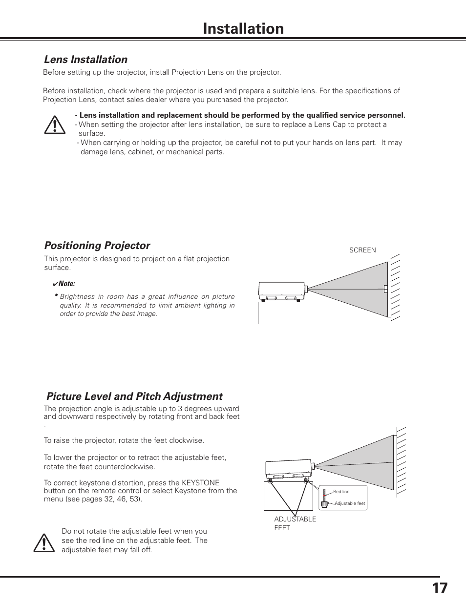 Installation, Lens installation, Positioning projector | Picture level and pitch adjustment, 17 installation | Sanyo PLC HF15000L User Manual | Page 17 / 100
