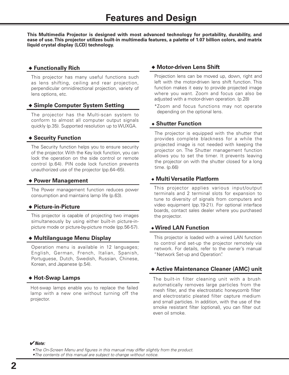 Features and design | Sanyo PLC HF15000L User Manual | Page 2 / 100