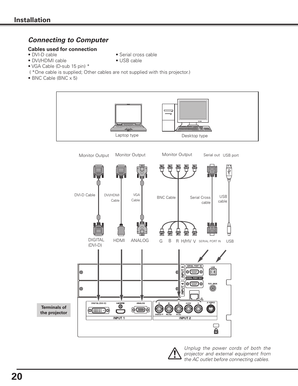 Connecting to computer, Installation | Sanyo PLC HF15000L User Manual | Page 20 / 100