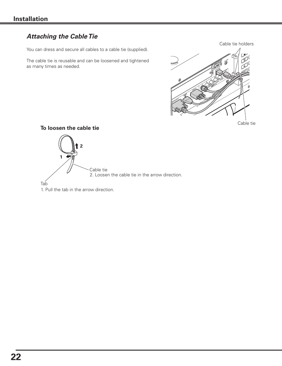 Attaching the cable tie, Installation attaching the cable tie | Sanyo PLC HF15000L User Manual | Page 22 / 100