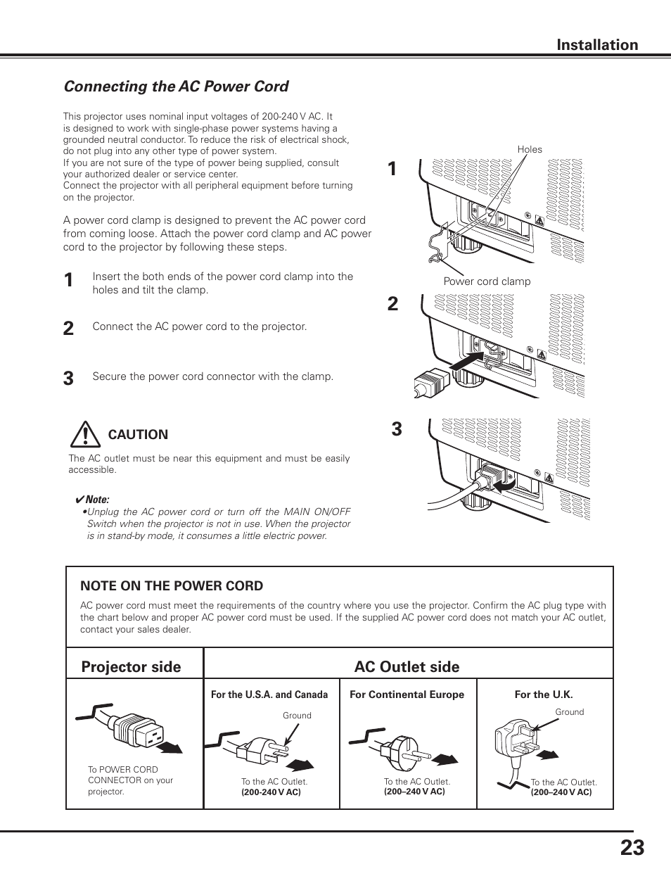 Connecting the ac power cord, Projector side ac outlet side, Connecting the ac power cord installation | Sanyo PLC HF15000L User Manual | Page 23 / 100