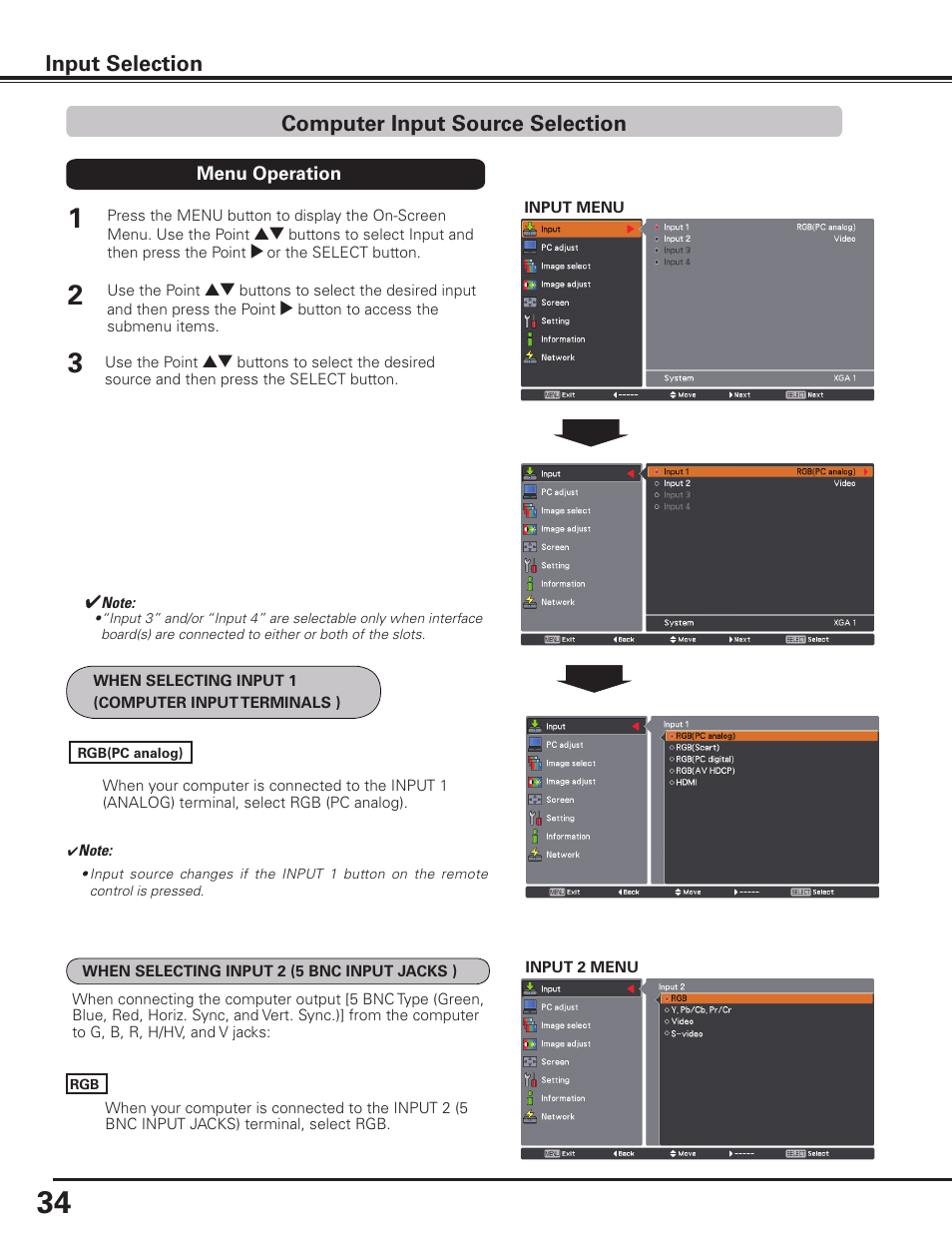 Computer input source selection, Input selection | Sanyo PLC HF15000L User Manual | Page 34 / 100