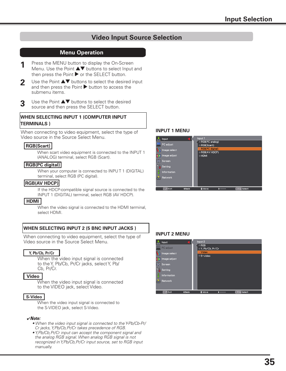 Video input source selection, Input selection | Sanyo PLC HF15000L User Manual | Page 35 / 100