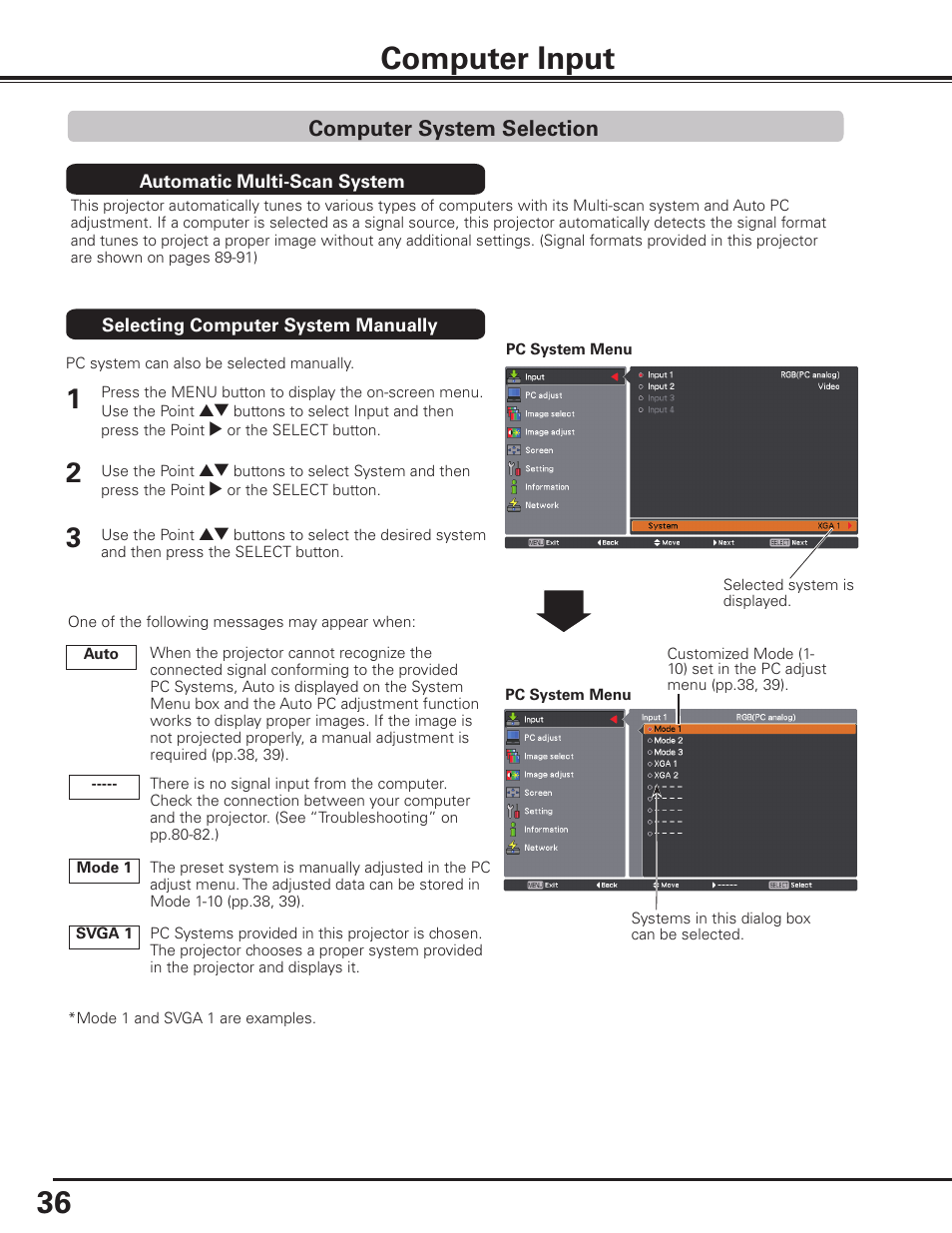 Computer input, Computer system selection, 6 computer input | Sanyo PLC HF15000L User Manual | Page 36 / 100