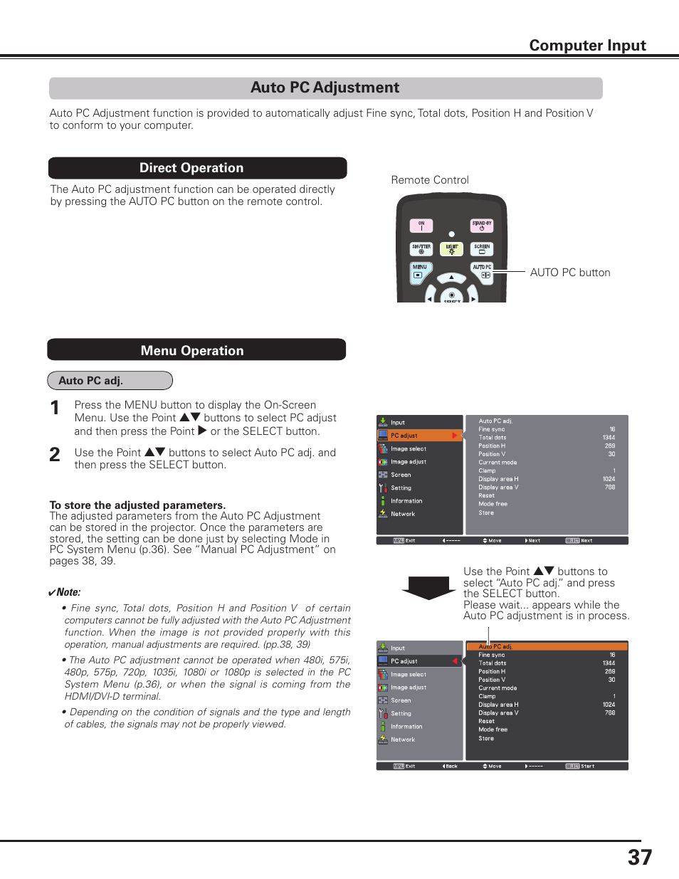 Auto pc adjustment, Computer input | Sanyo PLC HF15000L User Manual | Page 37 / 100