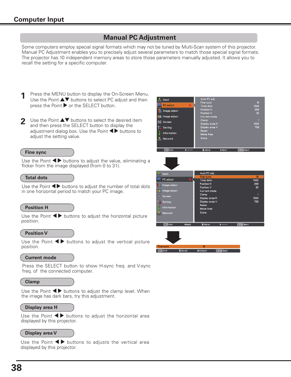 Manual pc adjustment, Computer input | Sanyo PLC HF15000L User Manual | Page 38 / 100