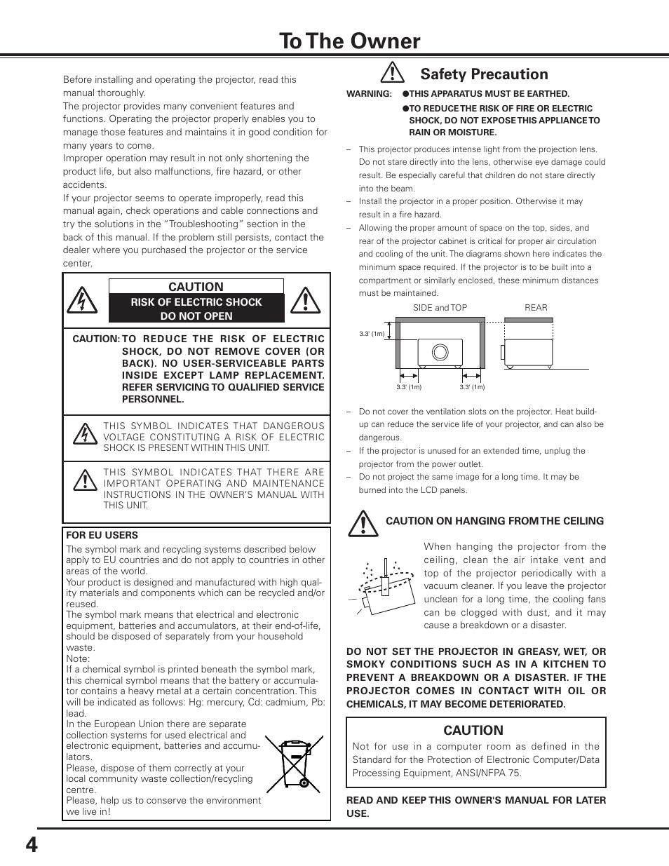 To the owner, Safety precaution, Caution | Sanyo PLC HF15000L User Manual | Page 4 / 100