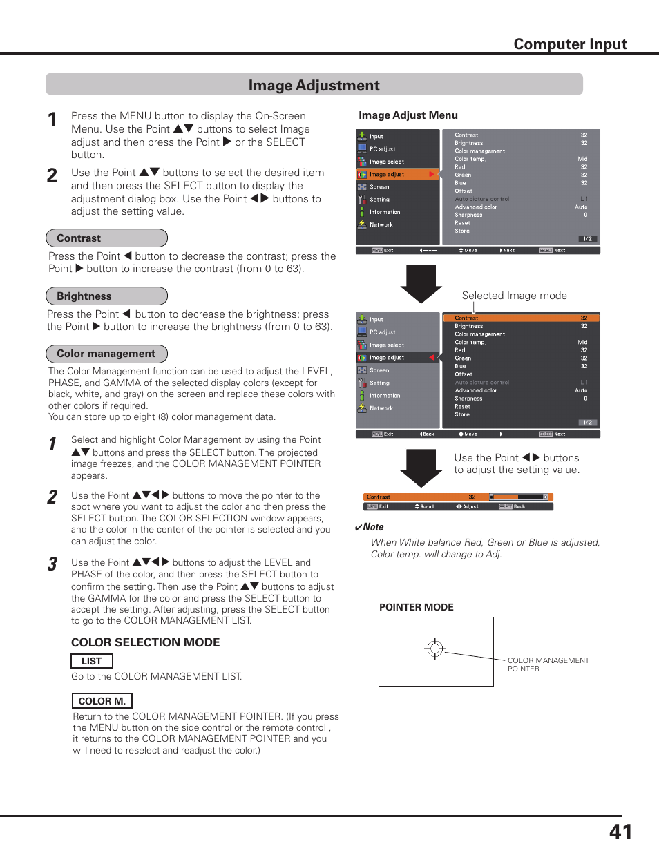 Image adjustment, Image adjustment computer input | Sanyo PLC HF15000L User Manual | Page 41 / 100