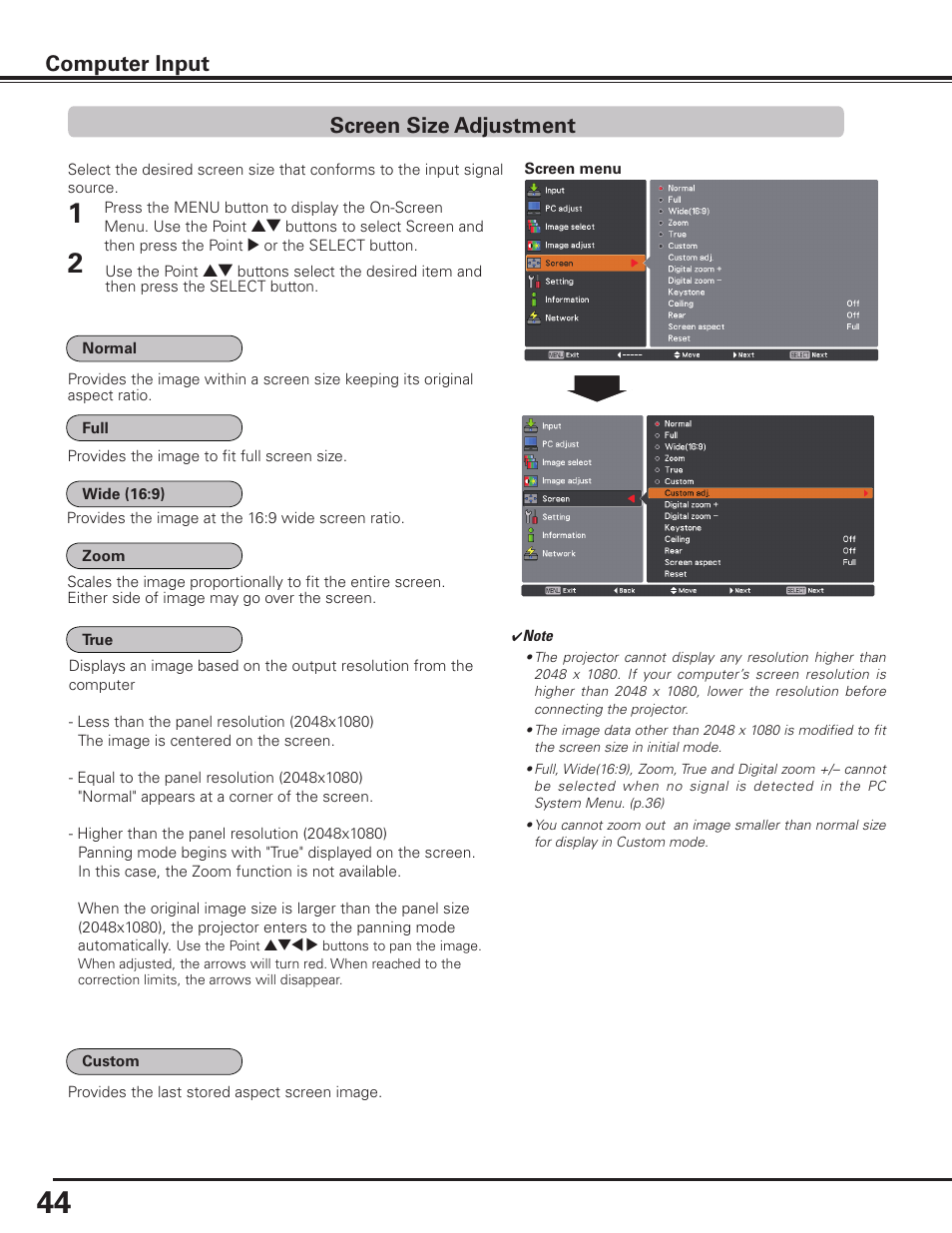 Screen size adjustment, Computer input | Sanyo PLC HF15000L User Manual | Page 44 / 100