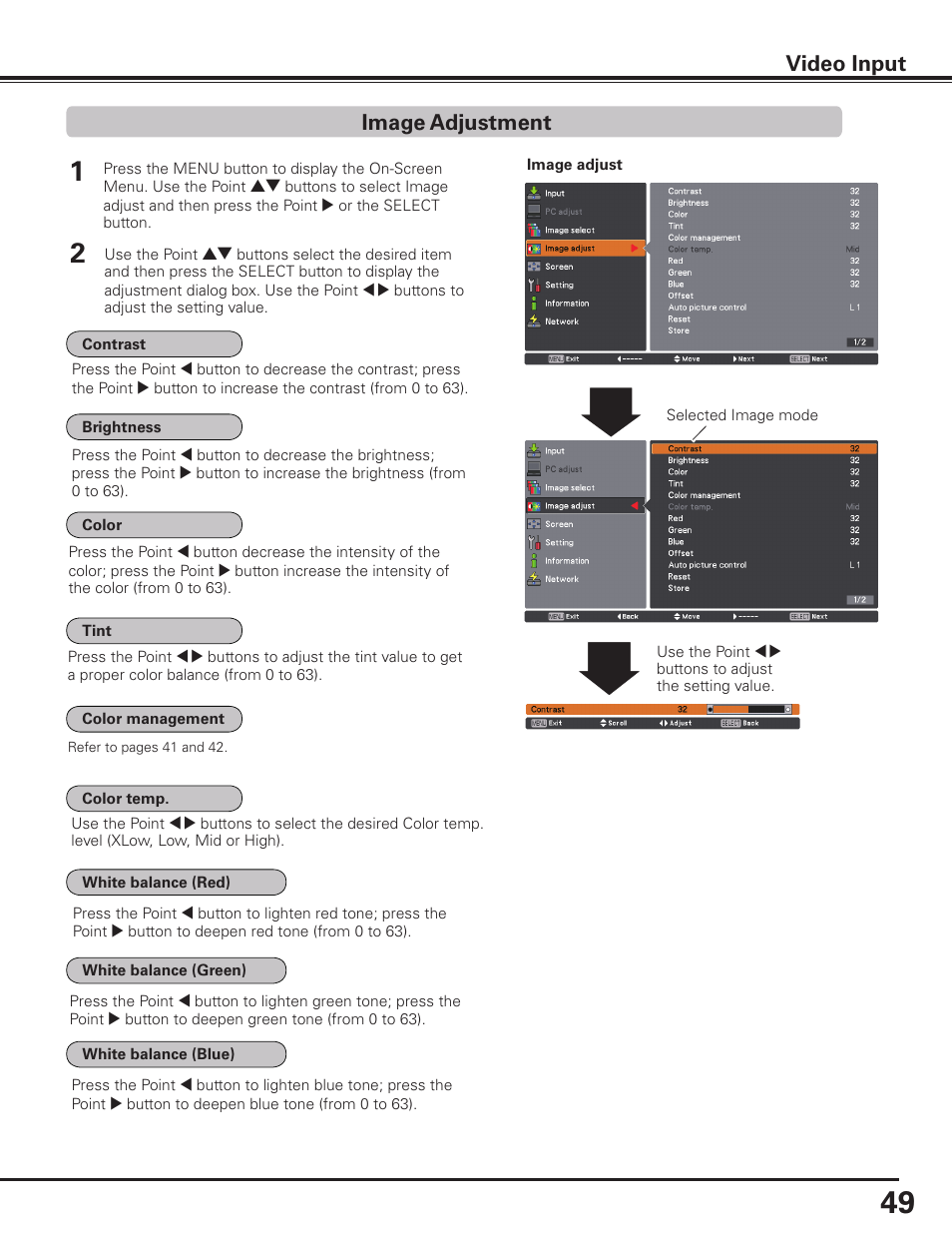 Image adjustment, Video input | Sanyo PLC HF15000L User Manual | Page 49 / 100