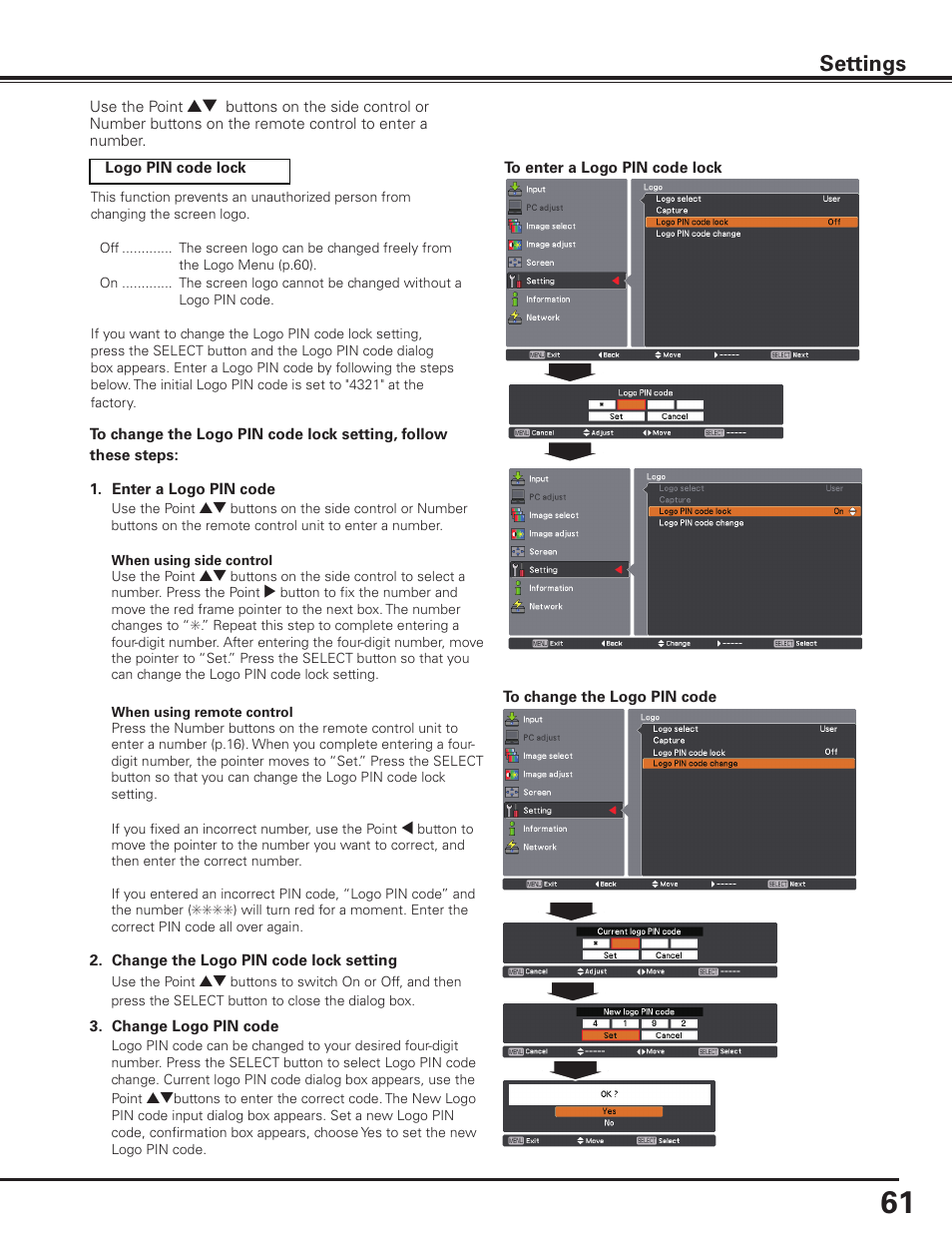 Settings | Sanyo PLC HF15000L User Manual | Page 61 / 100