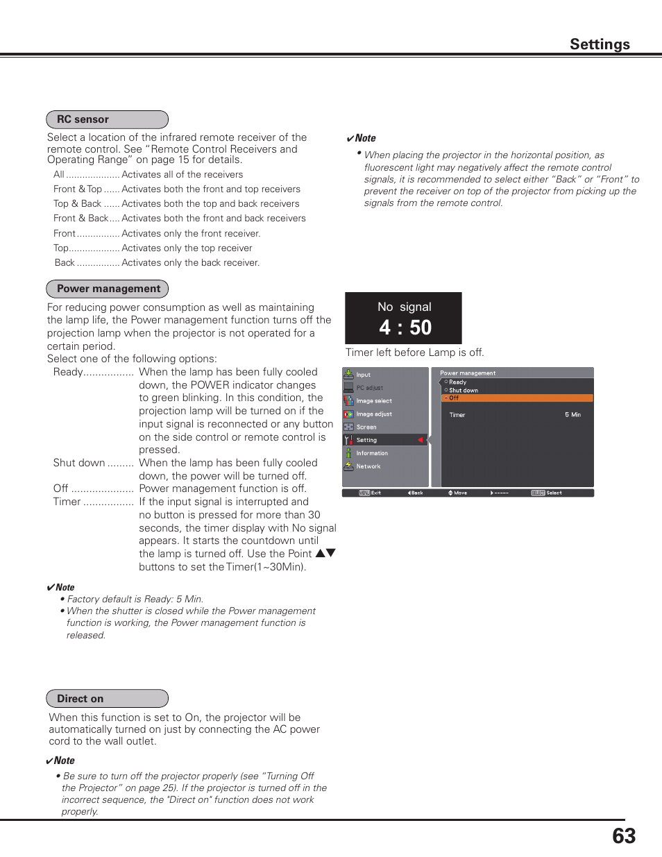 Settings | Sanyo PLC HF15000L User Manual | Page 63 / 100